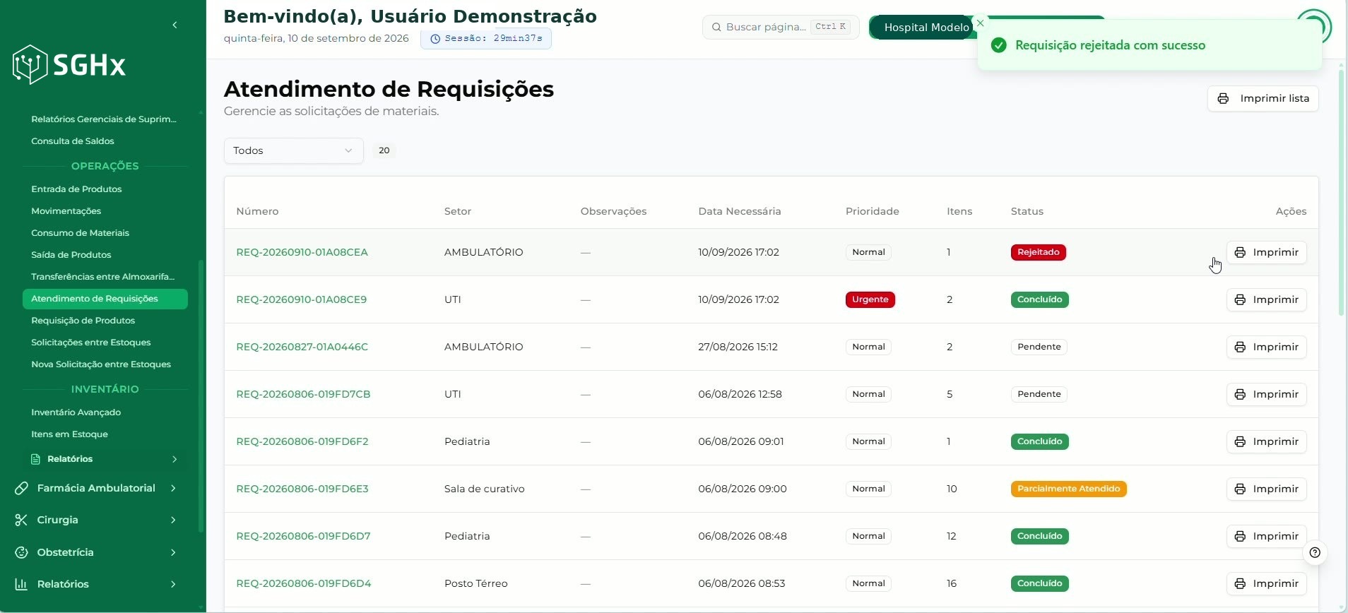 Mensagem Requisição rejeitada com sucesso e a requisição com status Rejeitado na listagem