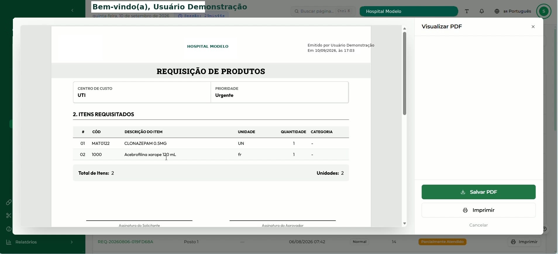 Visualização da requisição em PDF, com centro de custo, prioridade e itens requisitados