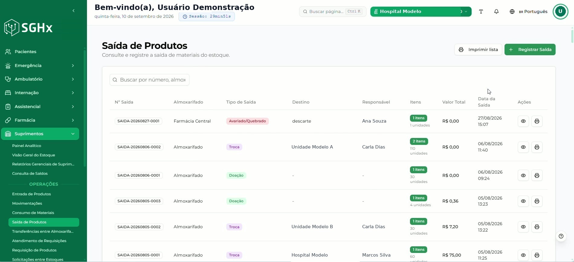 Tela Saída de Produtos com o menu lateral, o campo de busca e a listagem das saídas registradas
