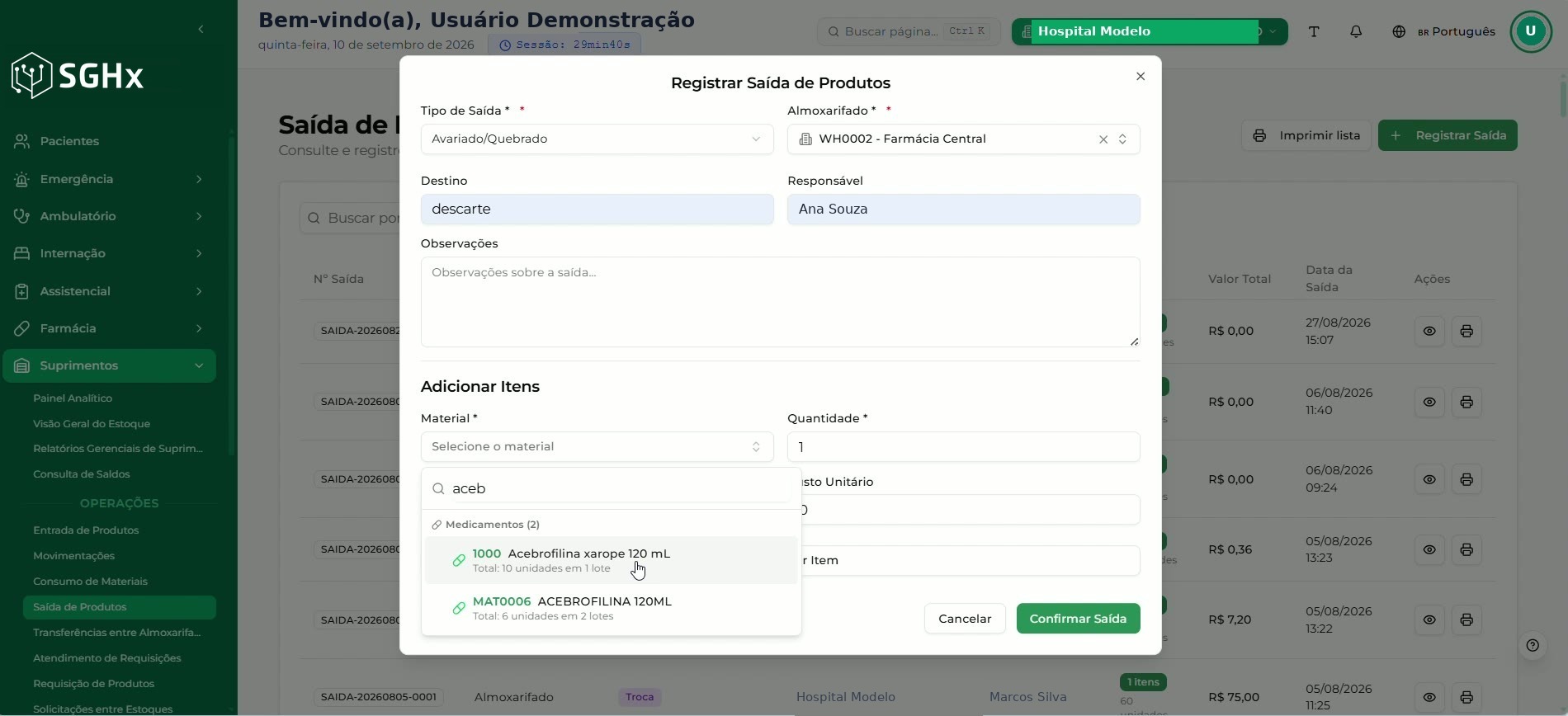Campo Material do modal Registrar Saída de Produtos com a busca aberta e os materiais encontrados