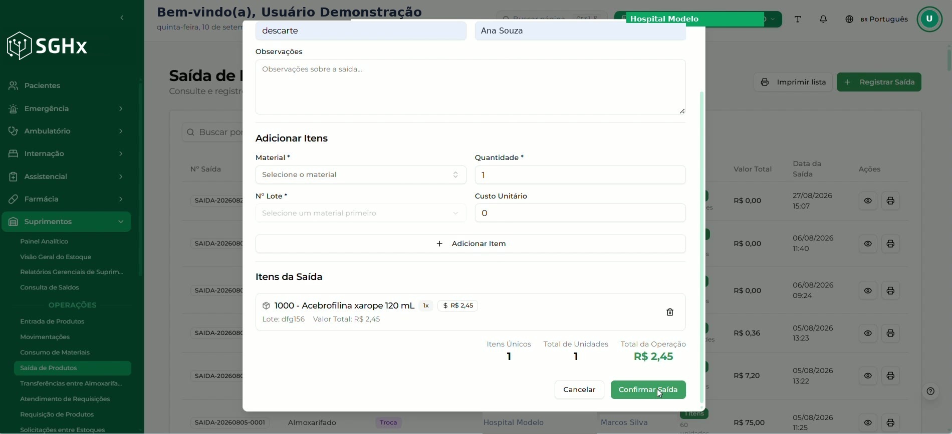 Modal Registrar Saída de Produtos com o botão Confirmar Saída