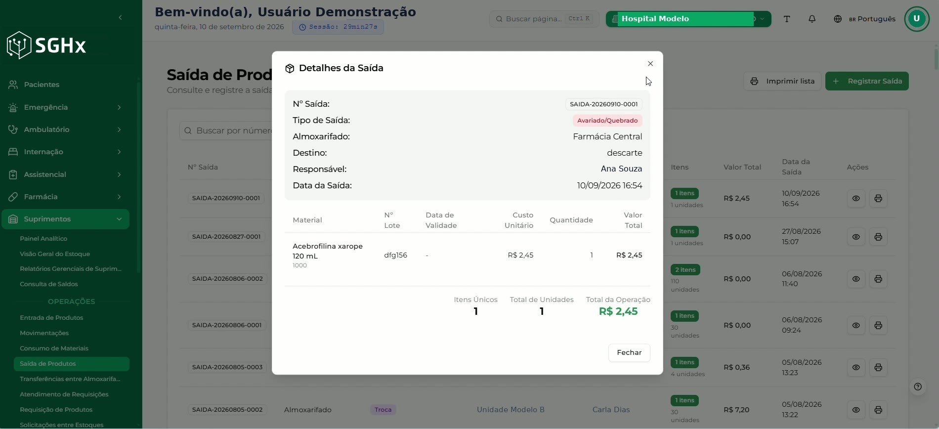 Modal Detalhes da Saída com os dados da saída e os materiais registrados