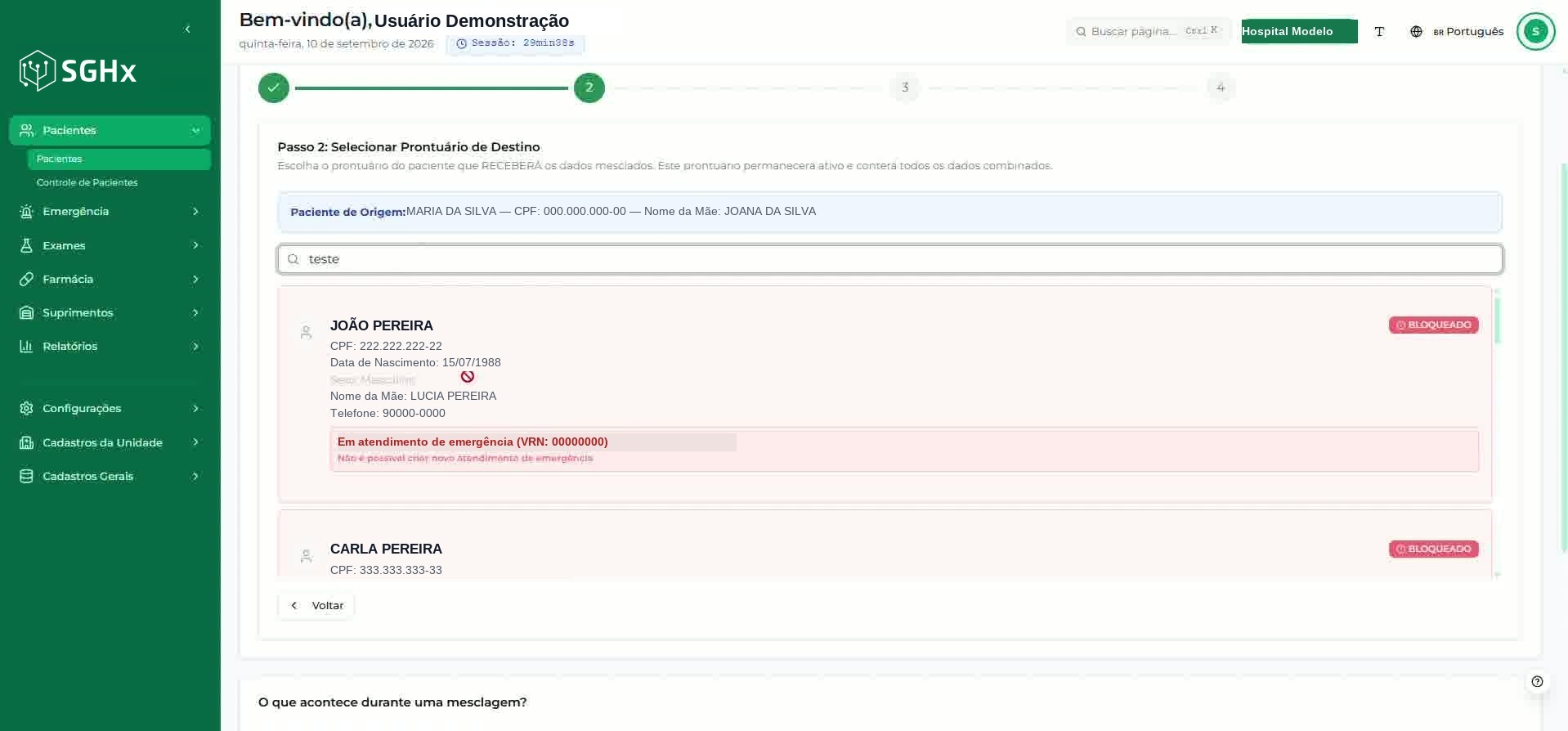 Lista de prontuários com registro marcado como BLOQUEADO e o motivo apresentado
