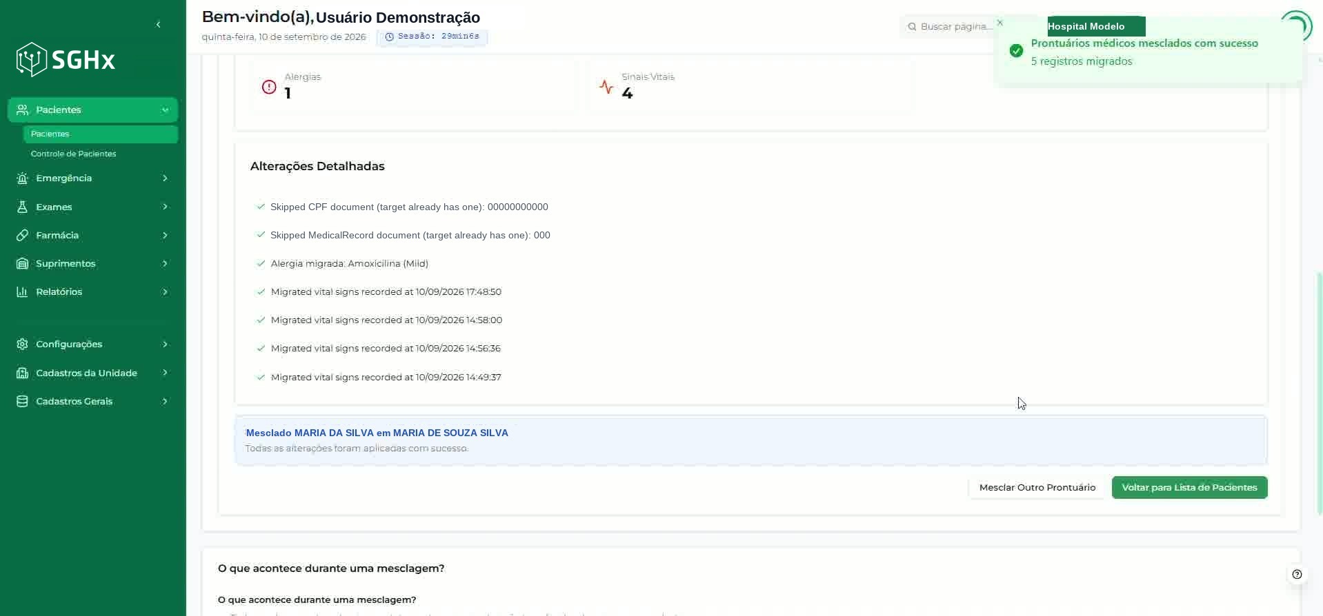 Resultado da mesclagem com a mensagem de sucesso, as alterações detalhadas e as ações finais