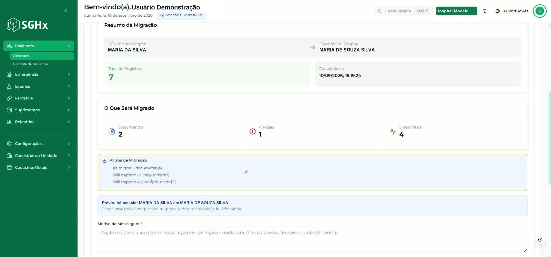Resumo da migração, categorias do que será migrado e avisos de migração
