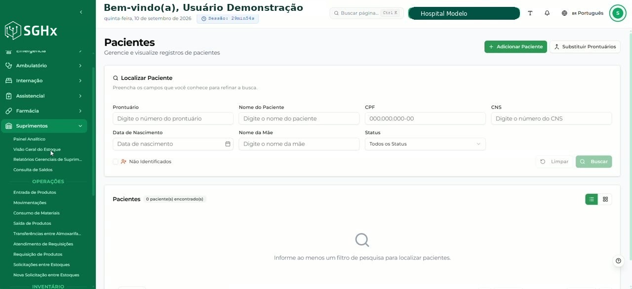 Menu lateral com Suprimentos expandido e a opção Transferências entre Almoxarifados
