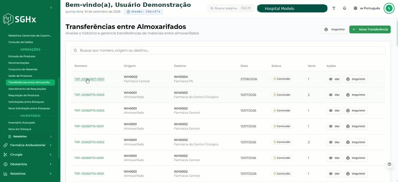 Tela Transferências entre Almoxarifados com a ação Nova Transferência