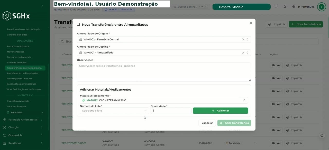 Modal Nova Transferência entre Almoxarifados com os campos Almoxarifado de Origem, Almoxarifado de Destino e Observações
