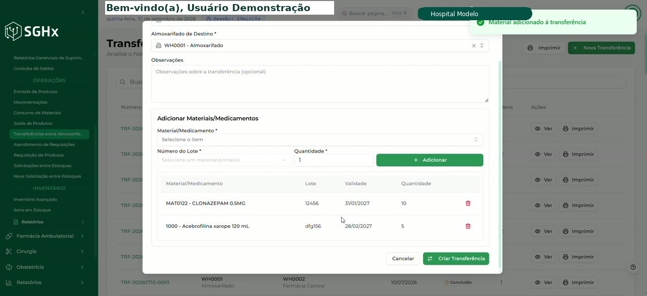Itens adicionados à transferência, com material, lote, validade e quantidade