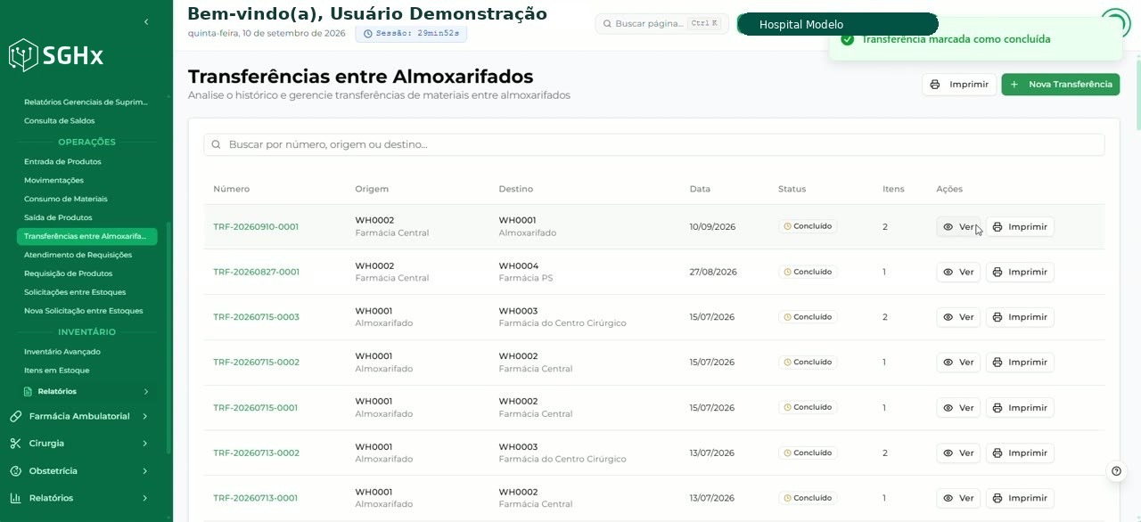 Listagem Transferências entre Almoxarifados com número, origem, destino, data, status, itens e ações