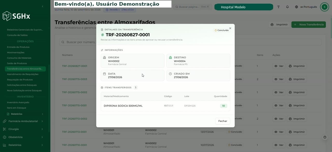 Modal Detalhes da Transferência com origem, destino, data, criação e itens transferidos
